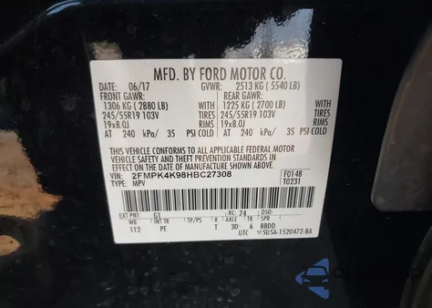 2017 Ford Edge Titanium z USA, uszkodzony, nr VIN 2FMPK4K98HBC27308